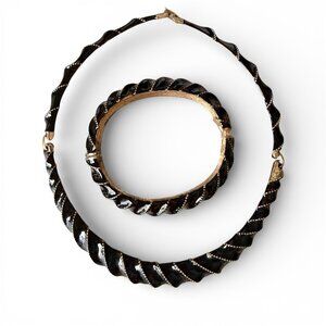 VTG 80s Black enameled necklace clamper bracelet set Don-Lin gold tone
